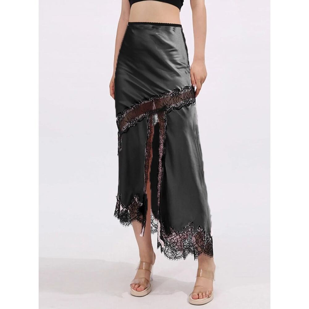 Lace Trim Asymmetrical Midi Skirt - Picture 4 of 9
